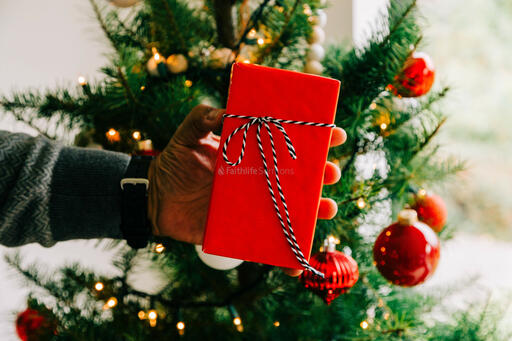 Man Holding a Present in Front of the Christmas Tree