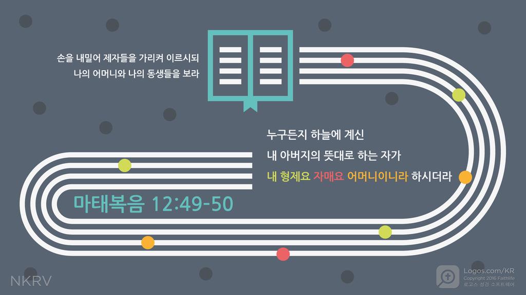 마태복음 12:49–50: 손을 내밀어 제자들을 가리켜 이르시되 나의 어머니와 나의 동생들을 보라 누구든지 하늘에 계신 내 아버지의 뜻대로 하는 자가 내 형제요 자매요 어머니이니라 하시더라