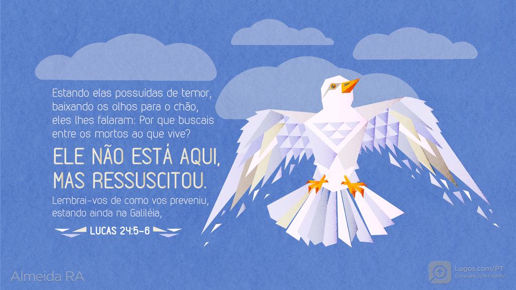Lucas 24.5–6: Estando elas possuídas de temor, baixando os olhos para o chão, eles lhes falaram: Por que buscais entre os mortos ao que vive? ELE NÃO ESTÁ AQUI, MAS RESSUSCITOU. Lembrai-vos de como vos preveniu, estando ainda na Galiléia,
