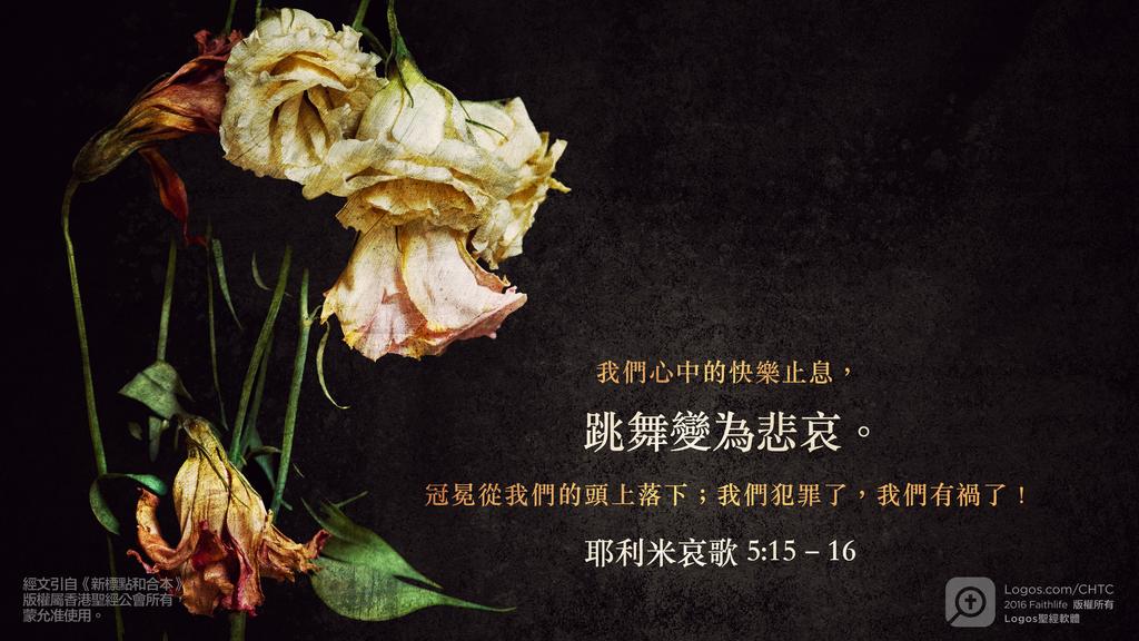 耶利米哀歌 5：16: 我們心中的快樂止息，跳舞變為悲哀。冠冕從我們的頭上落下；我們犯罪了，我們有禍了！