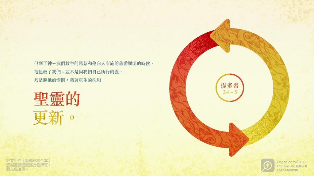 提多書 3：4–5: 但到了神－我們救主的恩慈和他向人所施的慈愛顯明的時候，祂便救了我們；並不是因我們自己所行的義，乃是照祂的憐憫，藉著重生的洗和聖靈的更新。