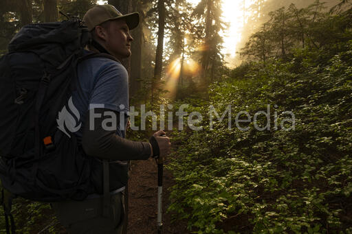 Man Hiking through Forest