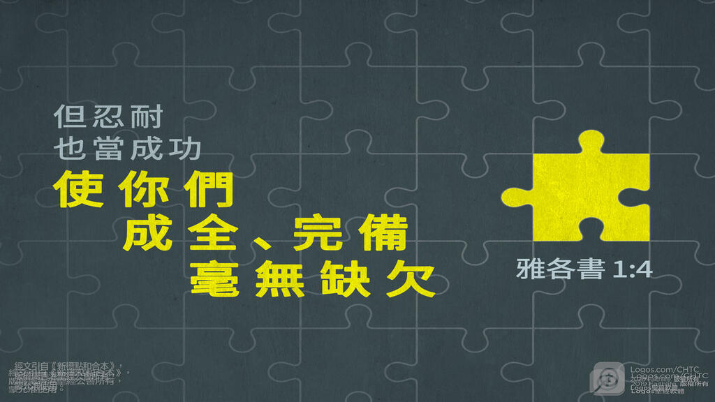 雅各書 1：4: 但忍耐也當成功，使你們成全、完備，毫無缺欠。