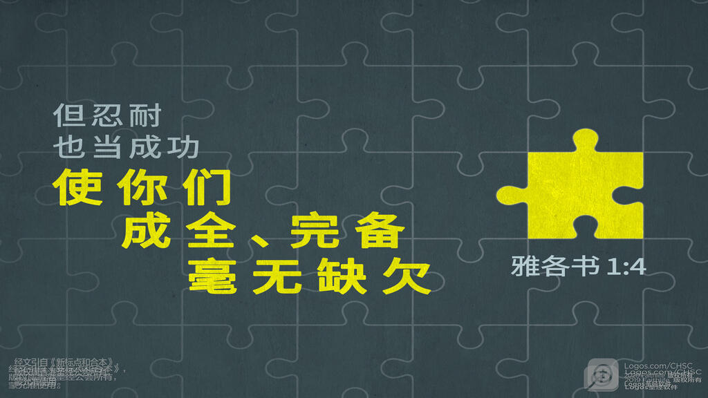 雅各书 1：4: 但忍耐也当成功，使你们成全、完备，毫无缺欠。