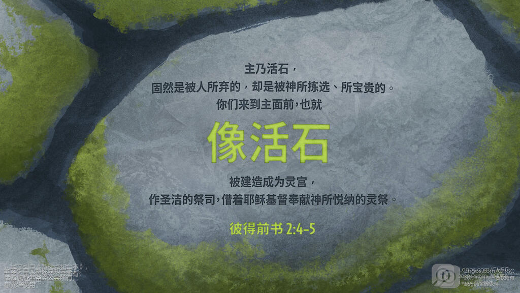 彼得前书 2：4–5: 主乃活石，固然是被人所弃的，却是被神所拣选、所宝贵的。你们来到主面前，也就像活石，被建造成为灵宫，作圣洁的祭司，借着耶稣基督奉献神所悦纳的灵祭。