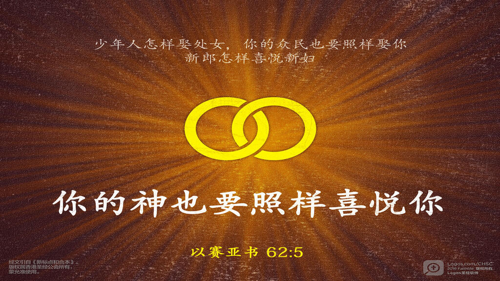 以赛亚书 62：5: 少年人怎样娶处女，你的众民也要照样娶你；新郎怎样喜悦新妇，你的神也要照样喜悦你。