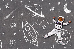 Kid Astronaut Floating in Outer Space with Illustrated Stars and Planets  image 2