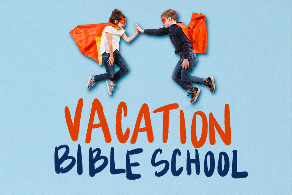 Kid Super Heroes Flying and High-Fiving with a Vacation Bible School Graphic large preview