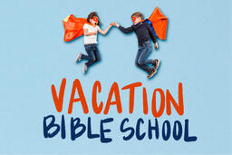 Kid Super Heroes Flying and High-Fiving with a Vacation Bible School Graphic  image 3