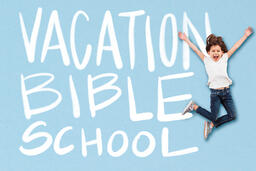 Boy Jumping and Laughing with a Vacation Bible School Graphic  image 2