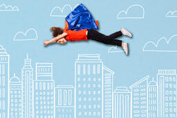 Boy Super Hero Flying Above an Illustrated City Skyline  image 2