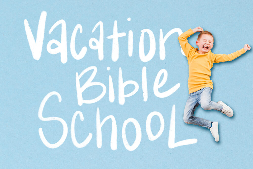 Boy Jumping and Laughing with a Vacation Bible School Graphic large preview