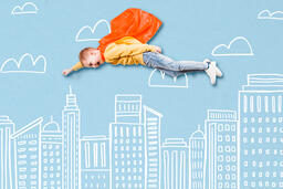 Boy Super Hero Flying Above an Illustrated City Skyline  image 1
