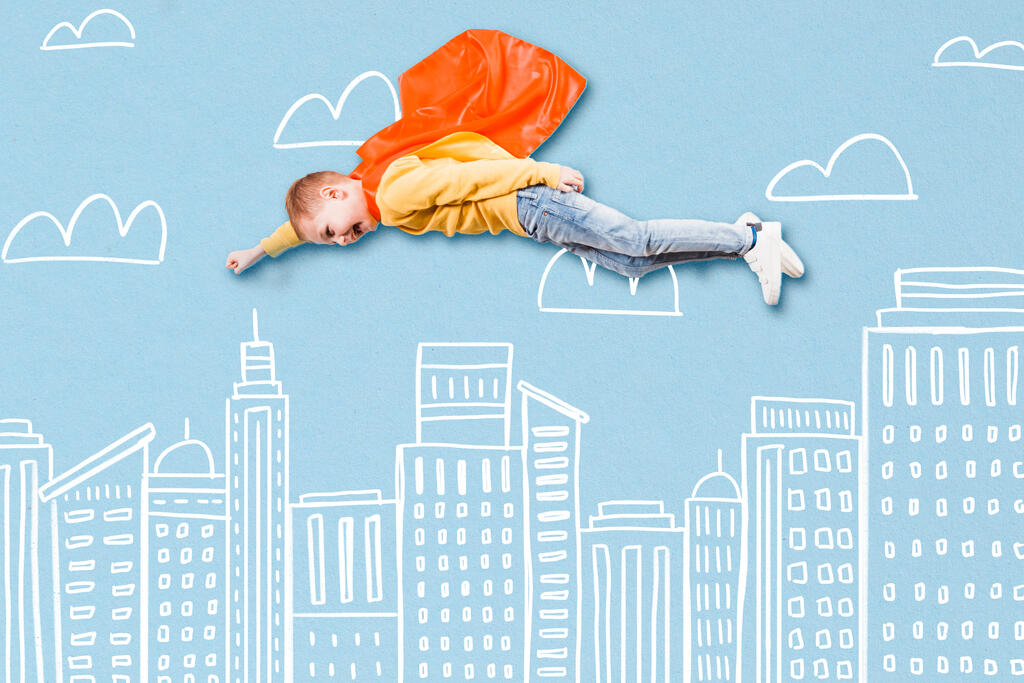 Boy Super Hero Flying Above an Illustrated City Skyline large preview