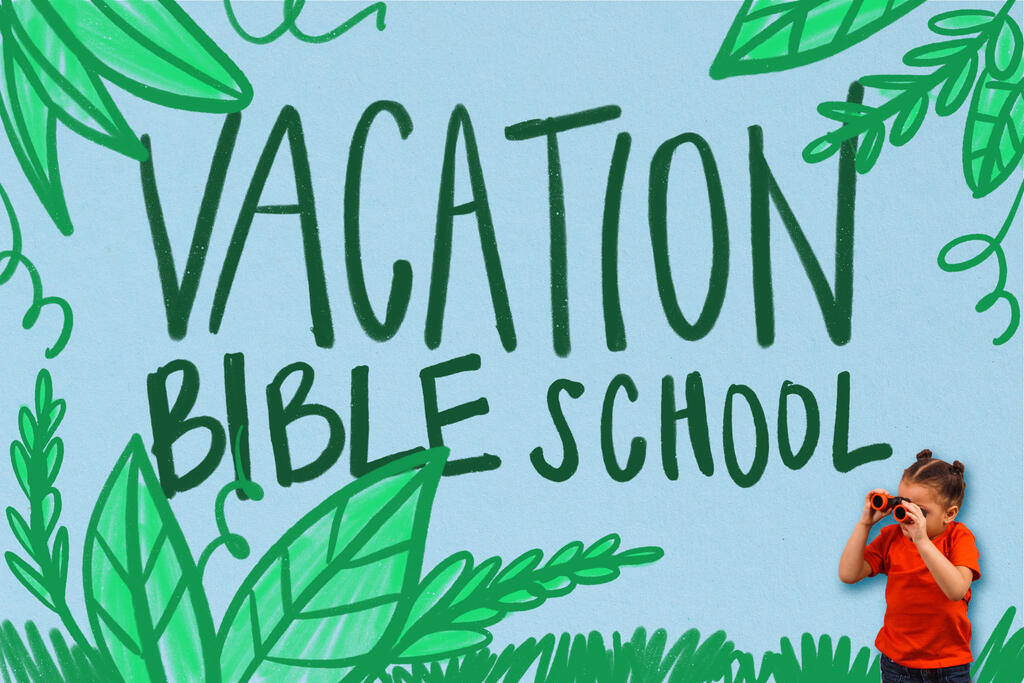 Girl Holding Binoculars in an Illustrated Jungle with Vacation Bible School Graphic large preview