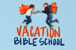 Kid Super Heroes Flying and High-Fiving with a Vacation Bible School Graphic  image 2