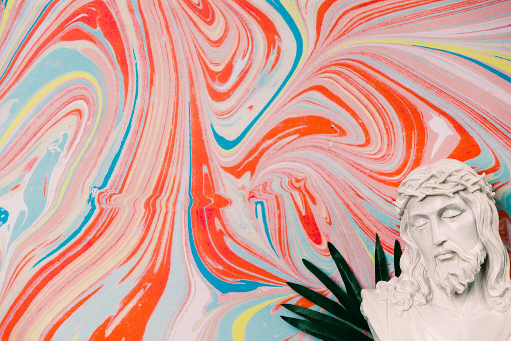 Christ Statue on Pastel Marbled Background with Palm Branches large preview