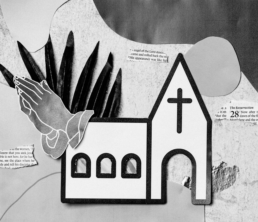 Church Building Paper Craft Collage in Black and White large preview