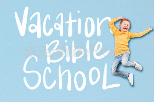 Boy Jumping and Laughing with a Vacation Bible School Graphic