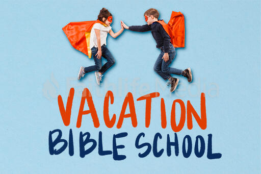 Kid Super Heroes Flying and High-Fiving with a Vacation Bible School Graphic