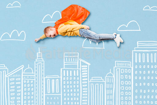 Boy Super Hero Flying Above an Illustrated City Skyline