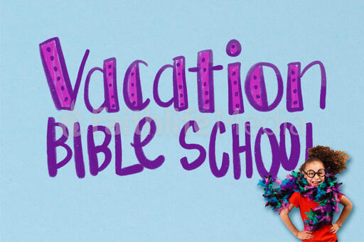 Girl in Dress Up Clothes with a Vacation Bible School Graphic