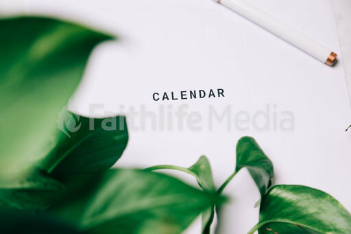 Printed Calendar Behind Greenery