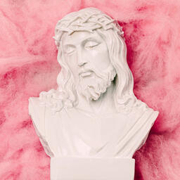 Christ Statue on Pink Texture and Pastel Marbled Background  image 3
