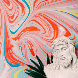 Christ Statue on Pastel Marbled Background with Palm Branches  image 2