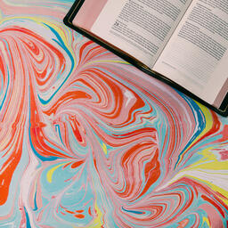 Bible Open to Matthew 27-28 on Pastel Marbled Background  image 16