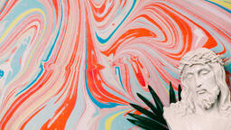 Christ Statue on Pastel Marbled Background with Palm Branches  image 5