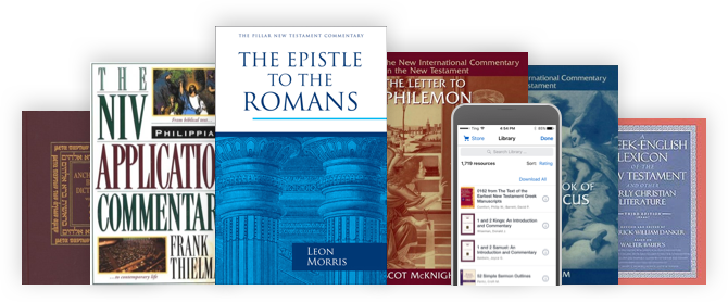 A lineup of trusted commentaries, Bible dictionaries, and more, alongside an iPhone with a Logos library that includes all of those same titles and more