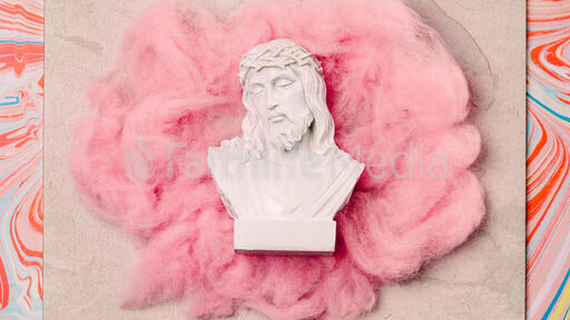 Christ Statue on Pink Texture and Pastel Marbled Background