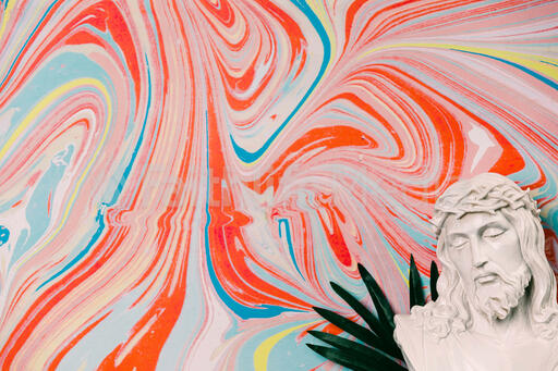 Christ Statue on Pastel Marbled Background with Palm Branches