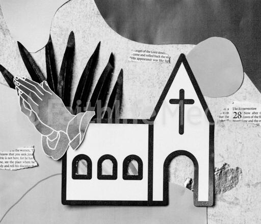 Church Building Paper Craft Collage in Black and White