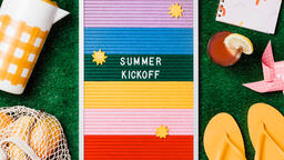 Summer Kickoff Letter Board with Summer Supplies on Grass  image 2