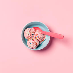 A Blue Bowl of Strawberry Ice Cream on Pink Background  image 5