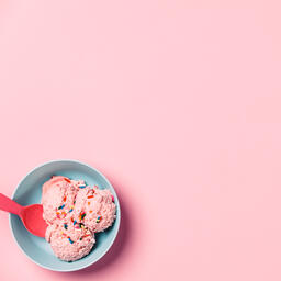 A Blue Bowl of Strawberry Ice Cream on Pink Background  image 7
