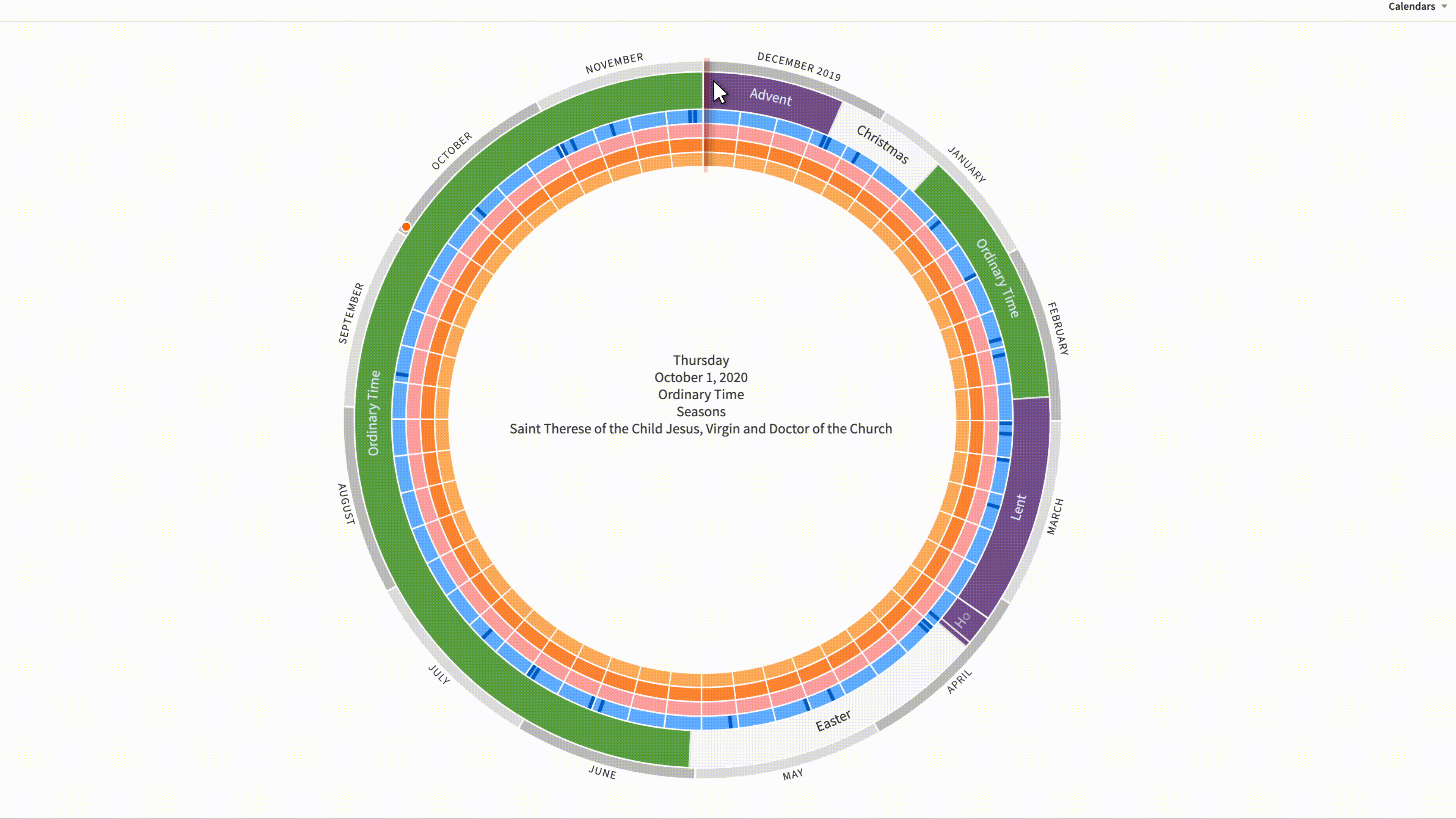Verbum is open to a radial calendar, which is showing US holidays, the calendar of the Holy Roman Catholic Church, and the Daily Rosary Group.