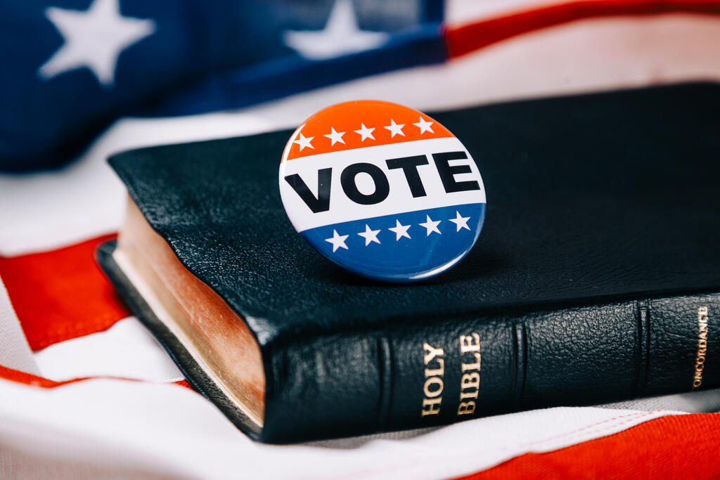 Vote Pin on the Bible with an American Flag large preview