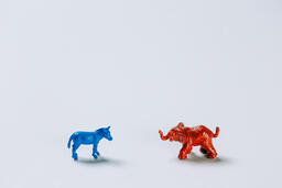 Blue Donkey and Red Elephant Facing Each Other  image 1