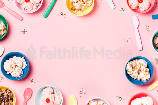 Bowls of Ice Cream and Spoons on Pink Background