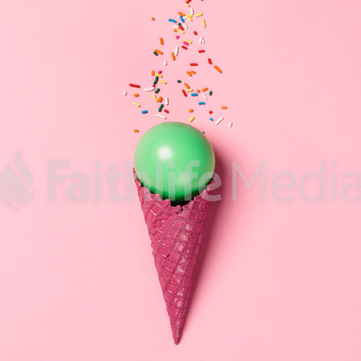 Pink Ice Cream Cone with a Green Balloon and Sprinkles