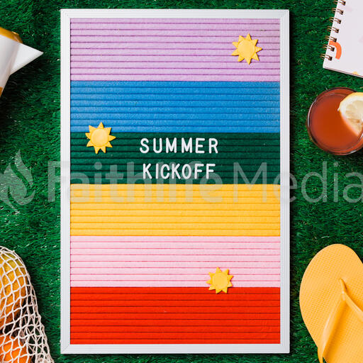 Summer Kickoff Letter Board with Summer Supplies on Grass