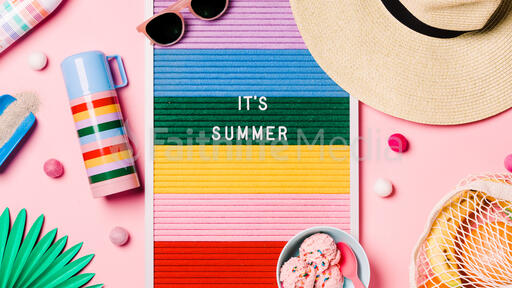 It's Summer Letter Board with Beach Day Supplies on Pink Background