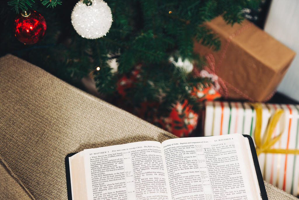 Open Bible in Front of the Christmas Tree large preview