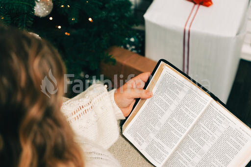 Woman Reading the Bible in Front of the Christmas Tree