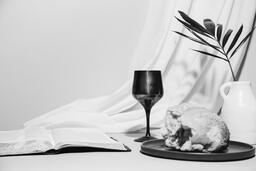 Communion Bread, Wine, Bible and Vase on Table  image 4