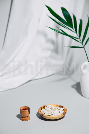 Communion Wafers and Wine with Palm Branch