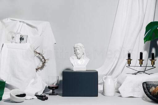 Bust of Jesus Surrounded by Crown of Thorns, Communion Elements, Ashes and Vases